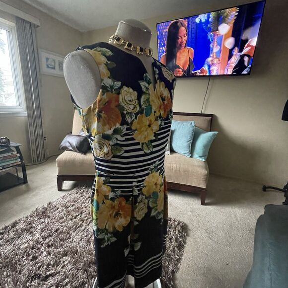 DB Estb 1962 Navy White Yellow Spring Summer Floral Striped Pleated Dress Sz 16 - Picture 6 of 15